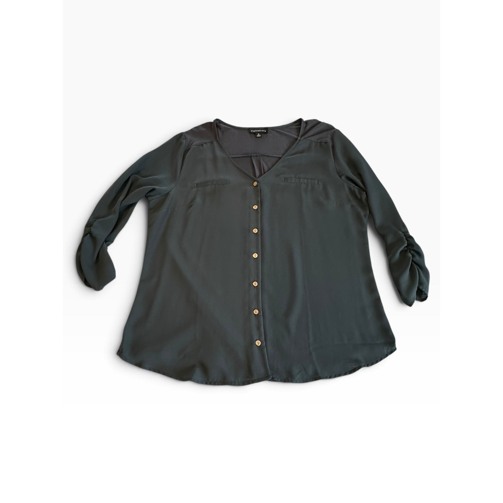 Fortune + Ivy Button Front Blouse Womens XL Blue Ruched 3/4 Sleeve Top
